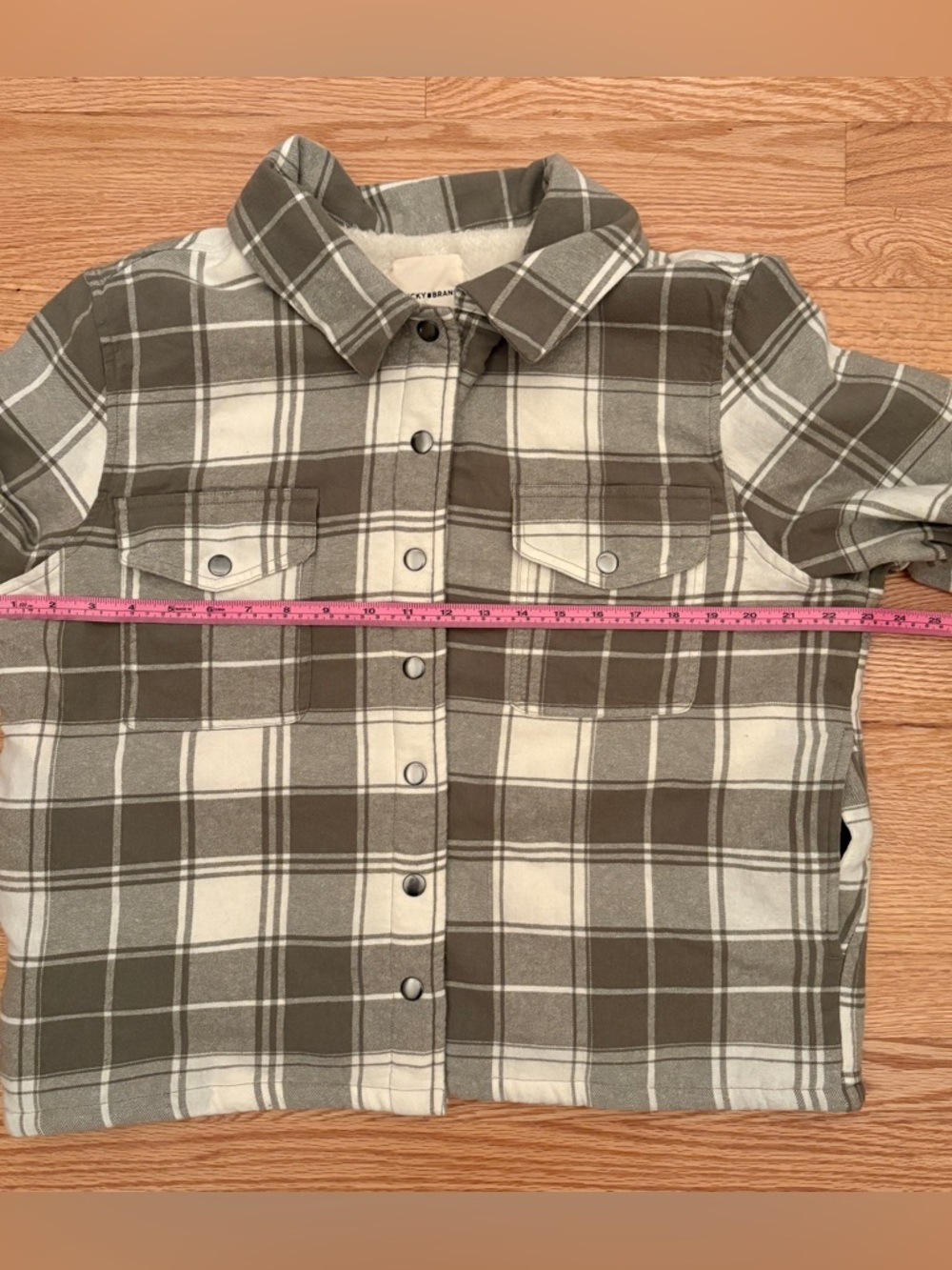 Lucky Brand Army/Olive Green & Cream Plaid Utility Shacket - Picture 12 of 14